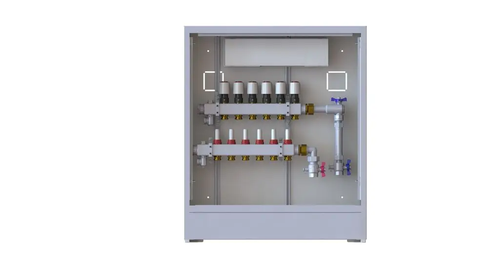 Danfoss Heizkreisverteilung mit mehreren Ventilen und Rohrleitungen, einschließlich Anschlüssen für Wärmemengenzähler, in einem montierbaren Gehäuse.